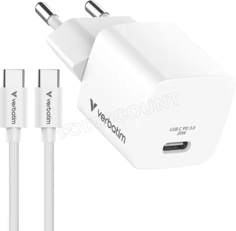 Photo de Mini chargeur secteur Verbatim GaN USB-C avec cable USB-C 20W (Blanc)