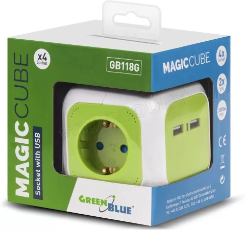Photo de Multiprise Cube GreenBlue GB118 4 prises + 2 ports USB 1,4m (Blanc/Vert)