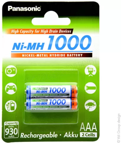 Photo de Pack blister de 2 piles rechargeables Panasonic type AAA 1,2V - 930 mAh (R03)