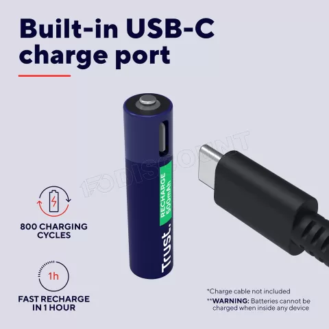 Photo de Pack de 4 piles rechargeables par USB-C Trust type AAA - 500 mAh - Cable recharge inclus (LR03)