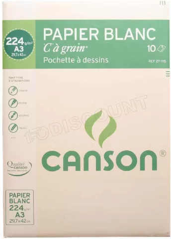 Photo de Pochette de 10 feuilles de papier à Dessin Canson "C à Grain" 224 g/m² A3 (Blanc)