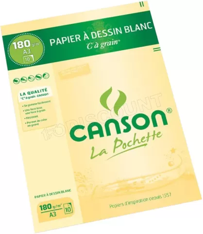 Photo de Pochette de 10 feuilles de papier à Dessin Canson "C à Grain" 27106 180 g/m² A3 (Blanc)