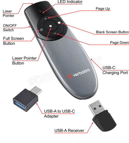 Photo de Pointeur Laser sans fil Verbatim Focus Wireless Presenter (Gris)