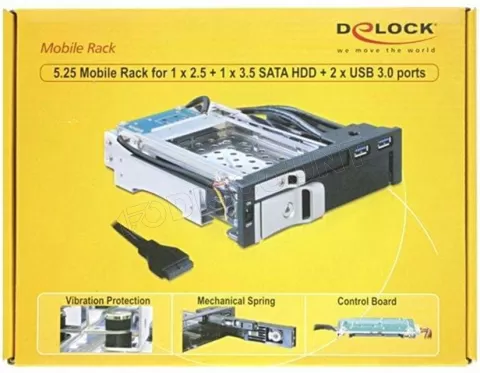 Photo de Rack amovible DeLock 5"1/4 pour 1x disque dur S-ATA 2"1/2, 1x 3"1/2 et 2x USB 3.0
