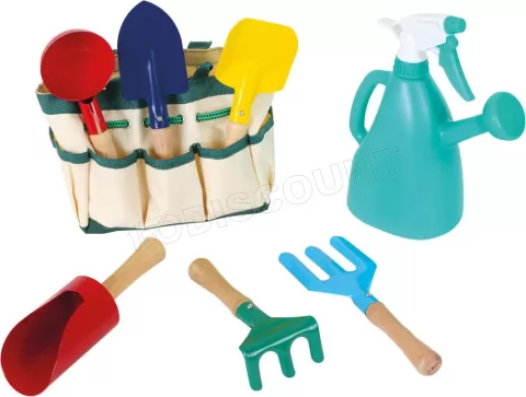 Photo de Set petit jardinier : 7 outils de jardin en bois dans un sac