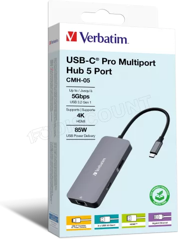 Photo de Station d'accueil portable USB-C 3.2 Verbatim Hub Pro Multiports 5 (Gris)