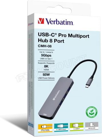 Photo de Station d'accueil portable USB-C 3.2 Verbatim Hub Pro Multiports 8 (Gris)