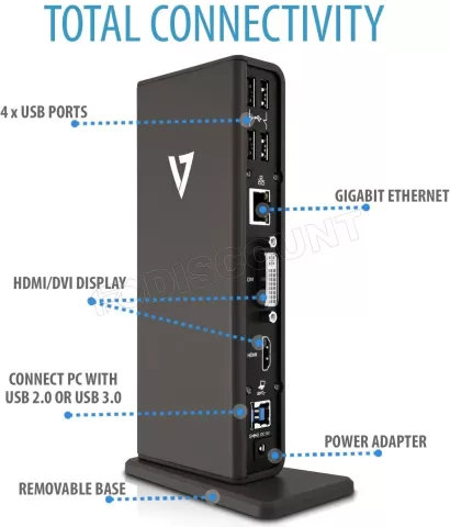 Photo de Station d'accueil USB-A 3.0 V7 avec alimentation 65W (Noir)