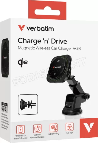 Photo de Support de téléphone à ventouse pour voiture Verbatim Charge 'n' Drive Qi2 RVB avec chargeur induction